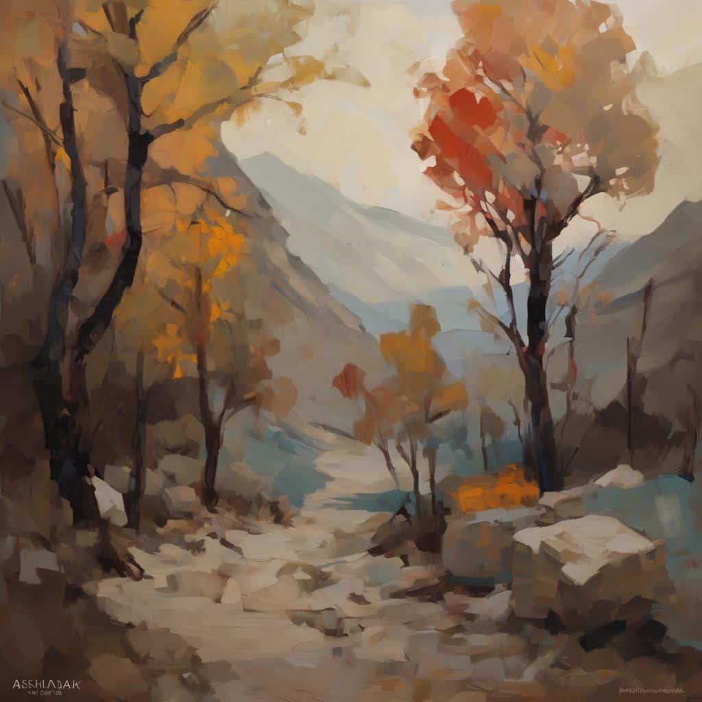 Ορισμός εικόνας: Έκθεση της τέχνης της αφαίρεσης και πρωτοπόρων καλλιτεχνών με έντονα χρώματα και αφαιρετικά στοιχεία σε φυσικό τοπίο με βουνά και δέντρα.