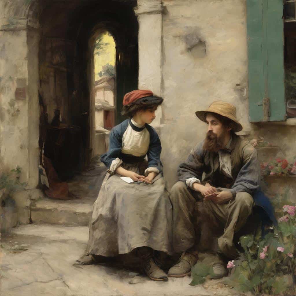 Παραδοσιακή πίνακας με δύο ανθρώπους σε συζήτηση κοντά σε μια πόρτα, έργο τέχνης με έμφαση στην αφαίρεση και τους πρωτοπόρους στην τέχνη.