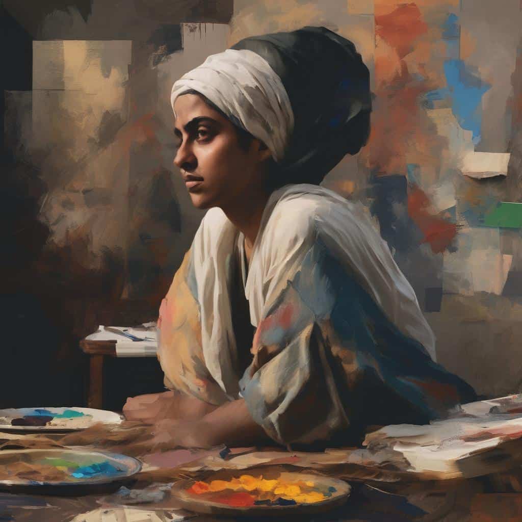 Ζωγράφος γυναίκα με μαντίλι σε παραδοσιακή ενδυμασία, δημιουργώντας έργο τέχνης σχετικά με την αφαίρεση στην τέχνη και τους πρωτοπόρους.