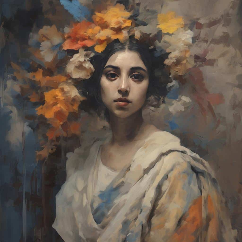 Αφαίρεση στην τέχνη και οι πρωτοπόροι, πίνακας πορτρέτο γυναίκας με λουλούδια, σύγχρονη τέχνη, εικαστικά έργα, καλλιτεχνική δημιουργία, εκφραστικό πορτρέτο, σύγχρονη ζωγραφική, γυναικεία φιγούρα, πρωτοπόροι στην τέχνη, καλλιτεχνική αφαιρετική σύνθεση.