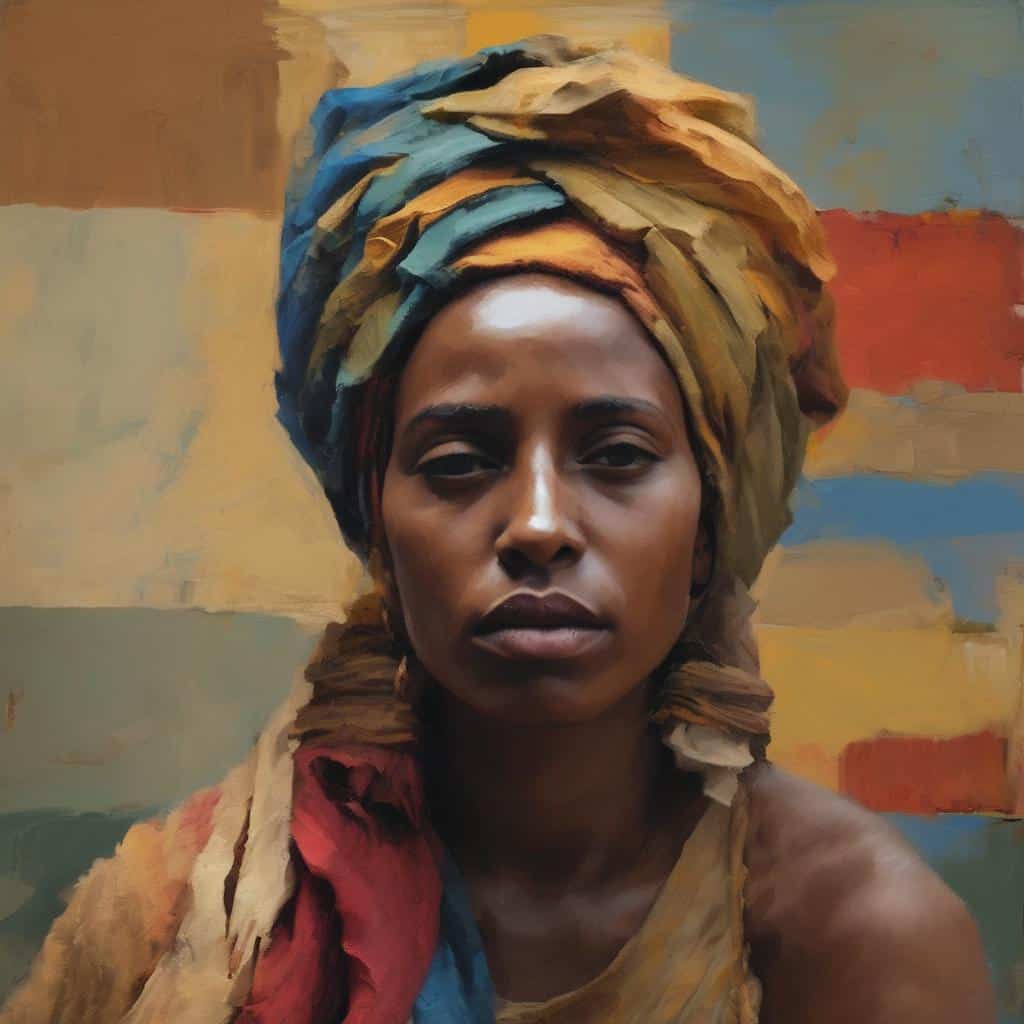 Επιφανειακή μορφή πορτραίτου γυναίκας με παραδοσιακό κεφαλομάντημα, αφαιρετική τέχνη και πρωτοπόροι στην αφαίρεση στην τέχνη.